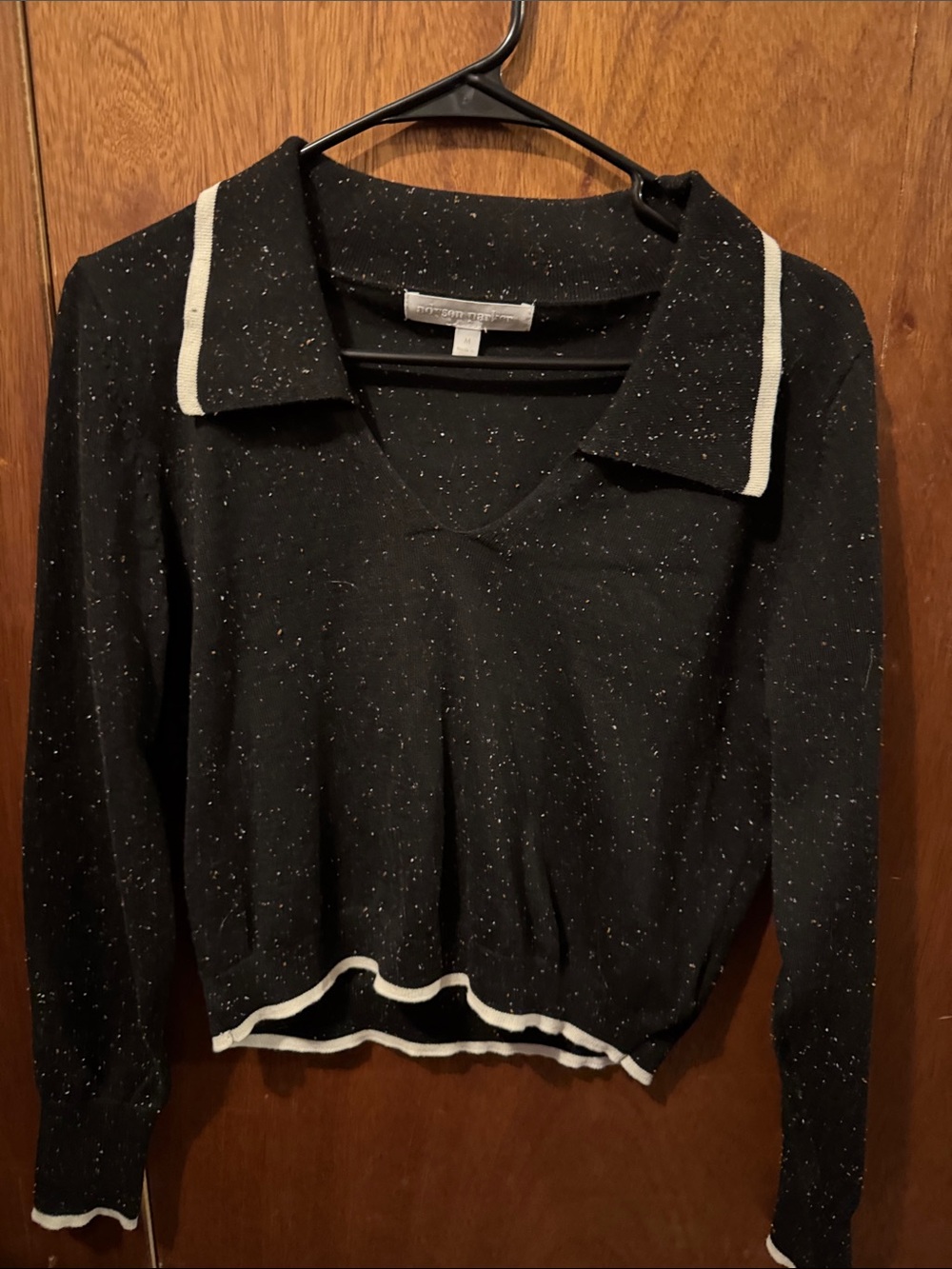 Adyson Parker Black Speckled Long Sleeve Polo Sweater with White Trim